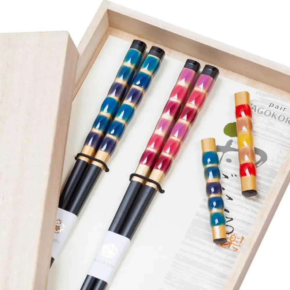 Aoba Glass Bead Design Chopsticks With Rests Blue & Red Gift Box - Image 3