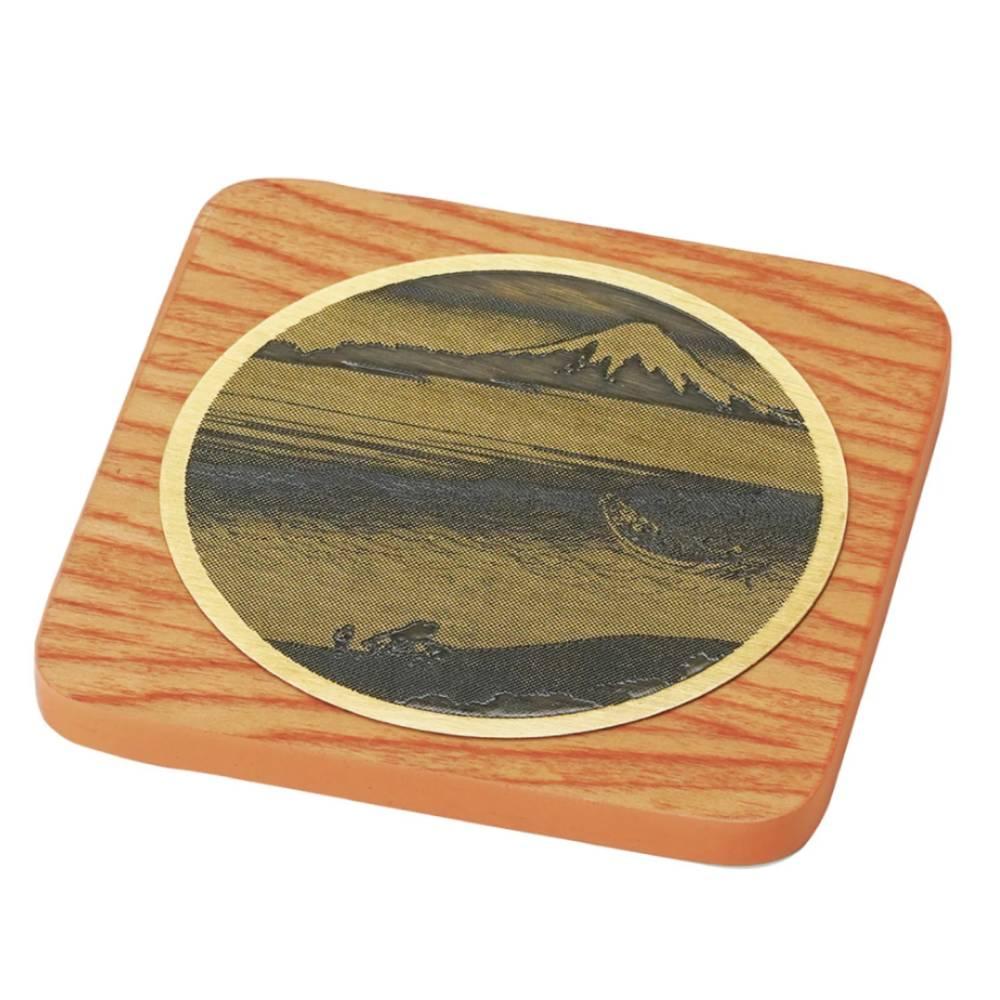 Brass Wood Coaster Ukiyo-e Tamagawa River & Mount Fuji Design - Image 3