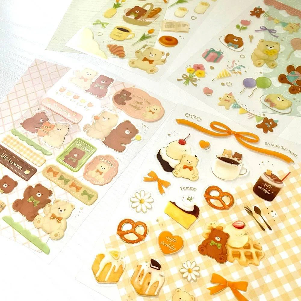 Cute Teddy Bear Stickers Set Foil Stamped Cafe Party Design - Image 4