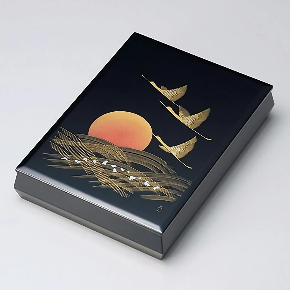 Isuke Handcrafted Lacquered Wooden A4 Storage Box Sunrise Crane