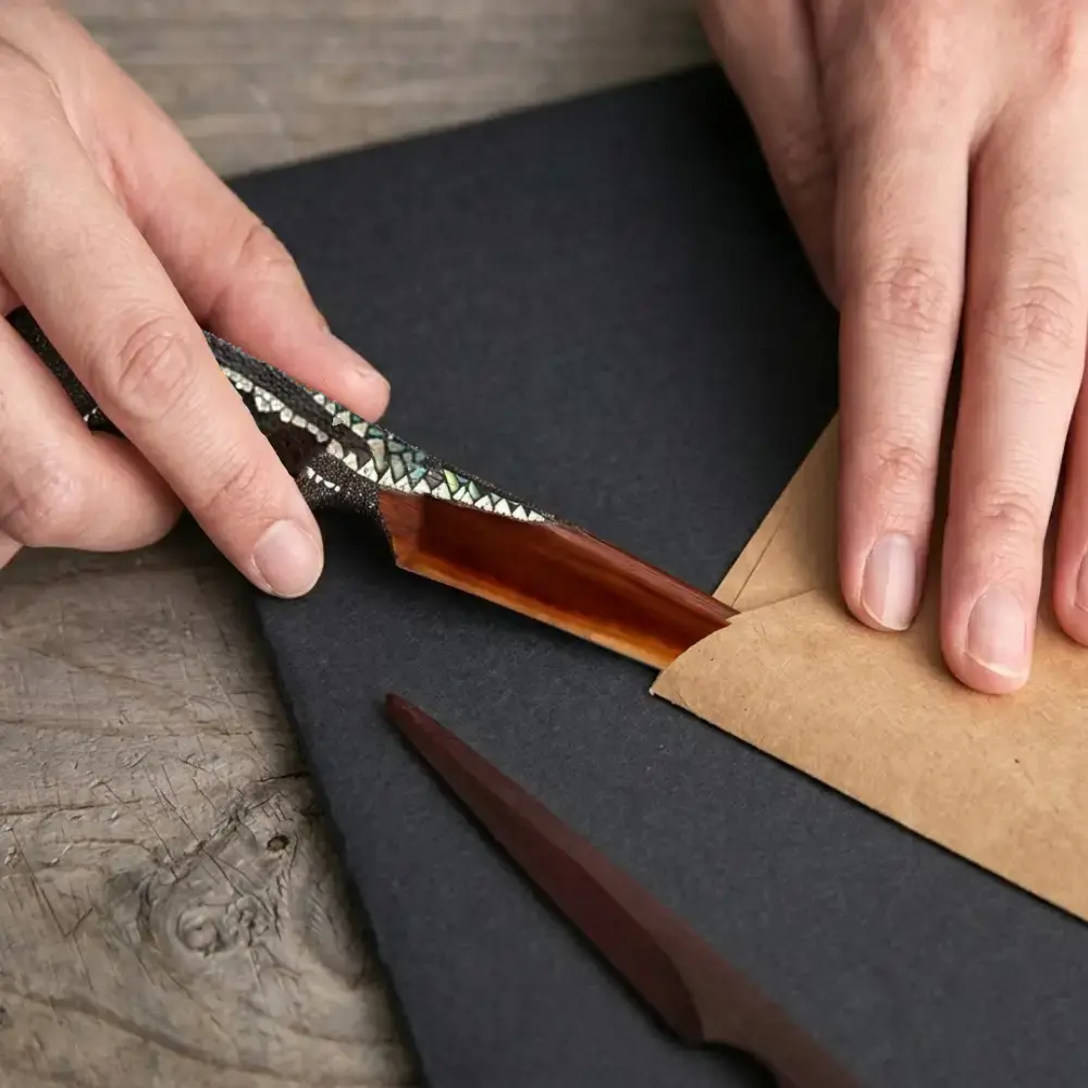 Isuke Handcrafted Wooden Lacquered Paper Knife Wave Flower Pattern - Image 3