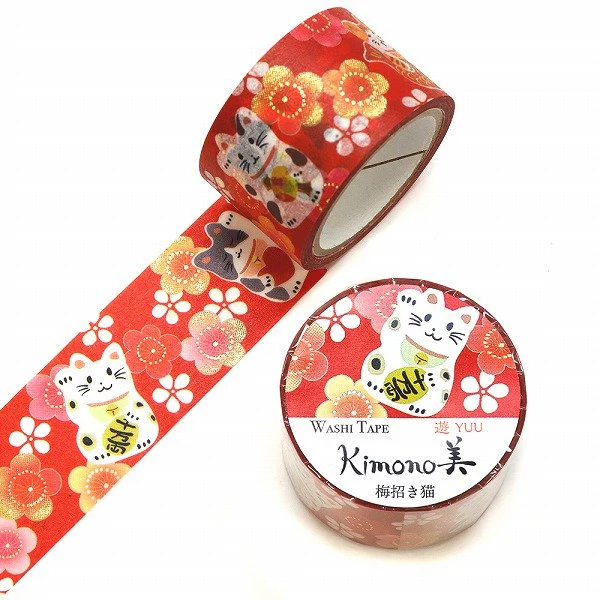 Kamiiso Kimono Washi Tape Plum Beckoning Cat Pattern Masking Tape - Image 5