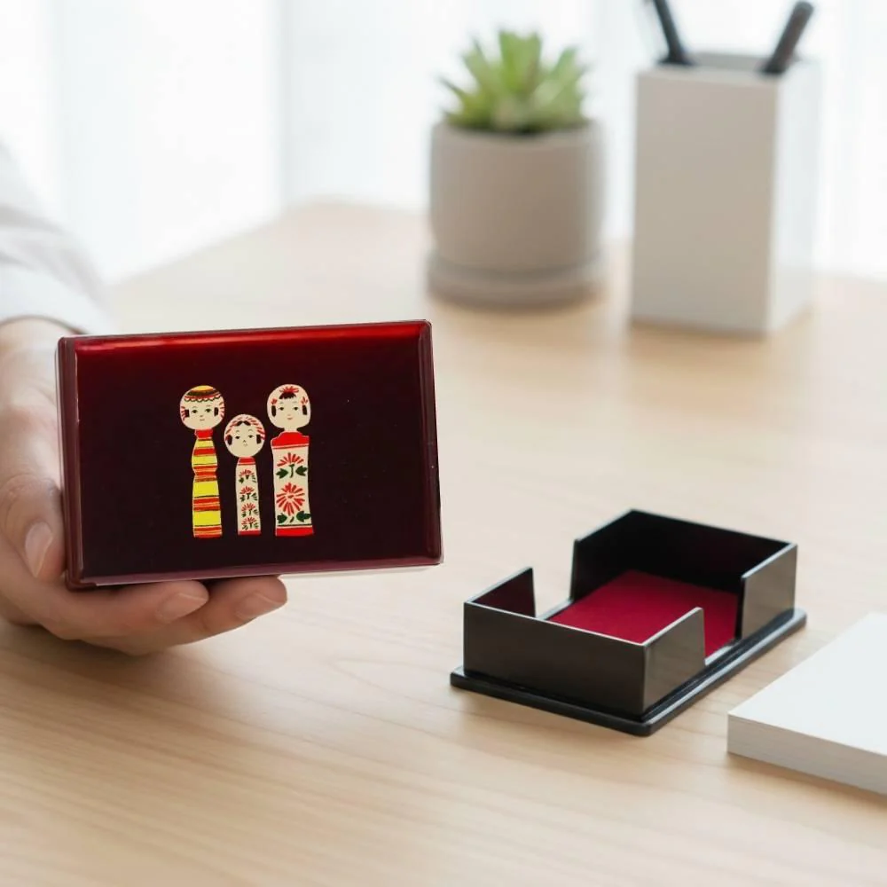 Red Lacquered Card Holder Case Kokeshi Wooden Dolls Design - Image 2