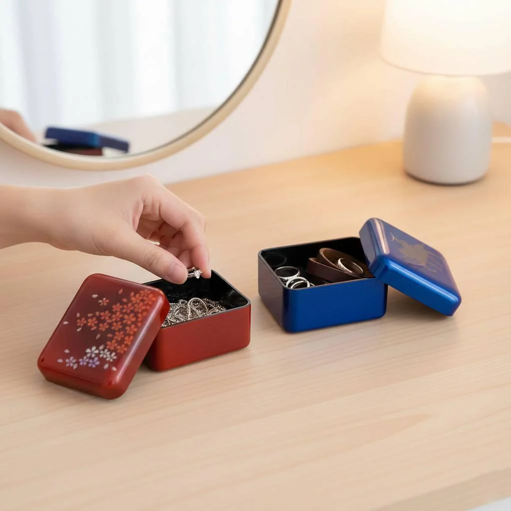 Red Lacquered Small Accessory Case Sakura Cherry Blossom Design - Image 2