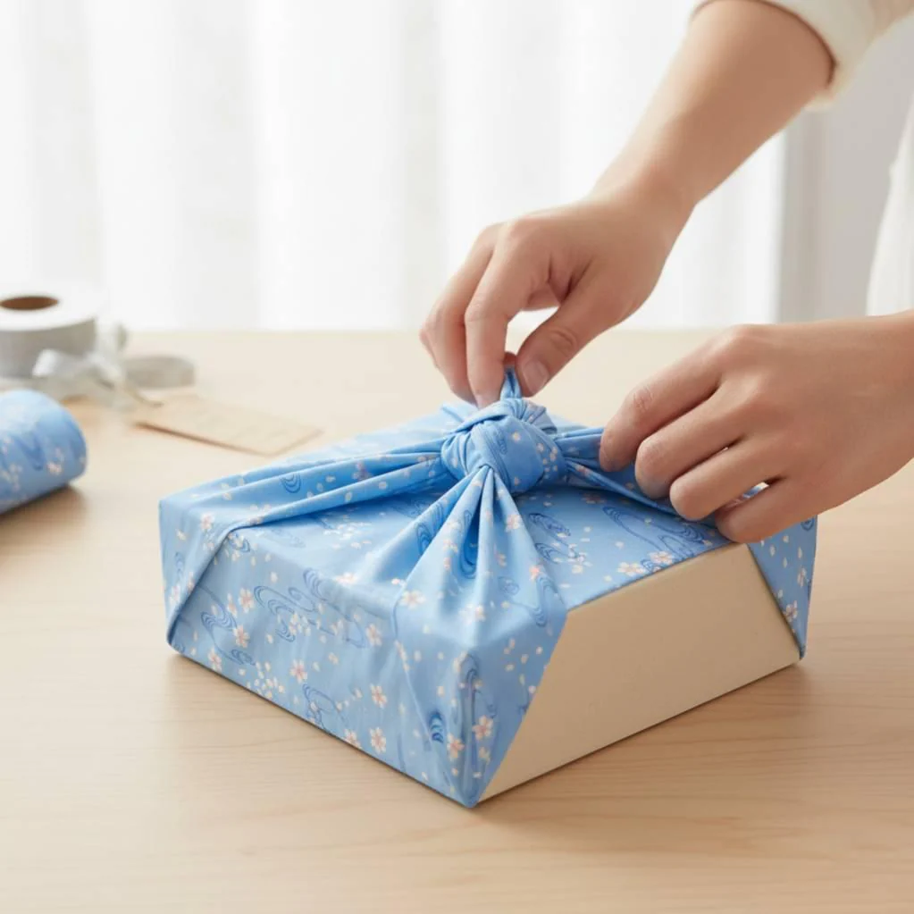 Seiran Furoshiki Blue Floating Sakura Blossoms Cotton Wrapping Cloth - Image 3