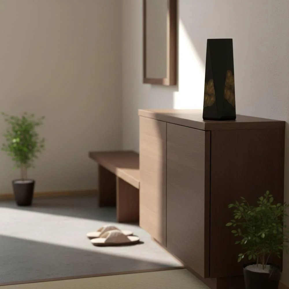 Unique Black Lacquered Wooden Flower Vase With Gold Pine Pattern - Image 4