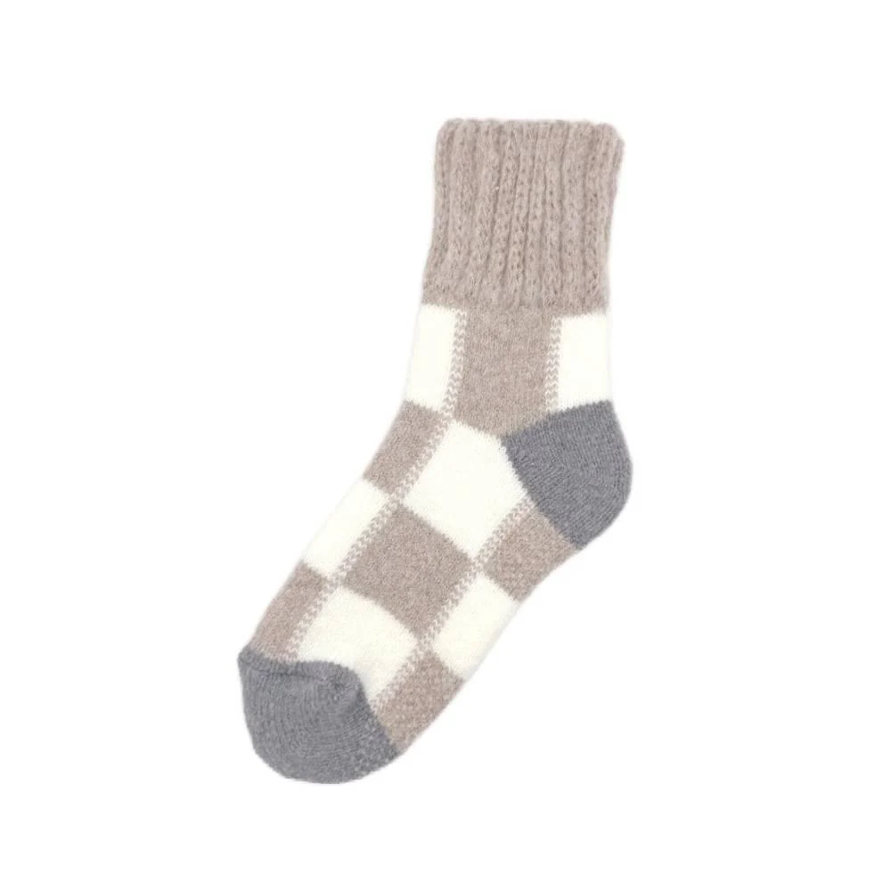 Winter Wool Thick Crew Socks Beige Checkered Warm Socks - Image 4