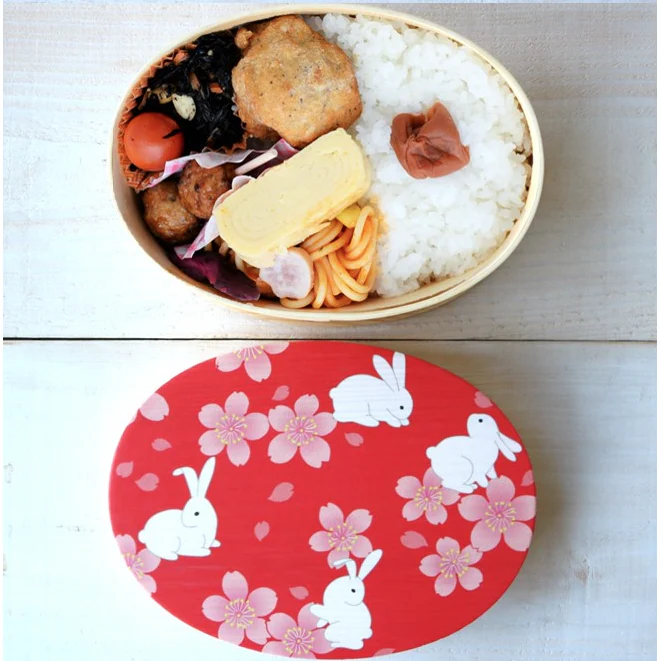 Wakacho Wooden Bento Box Rabbits & Sakura Japanese Lunch Box 700ml - Image 3