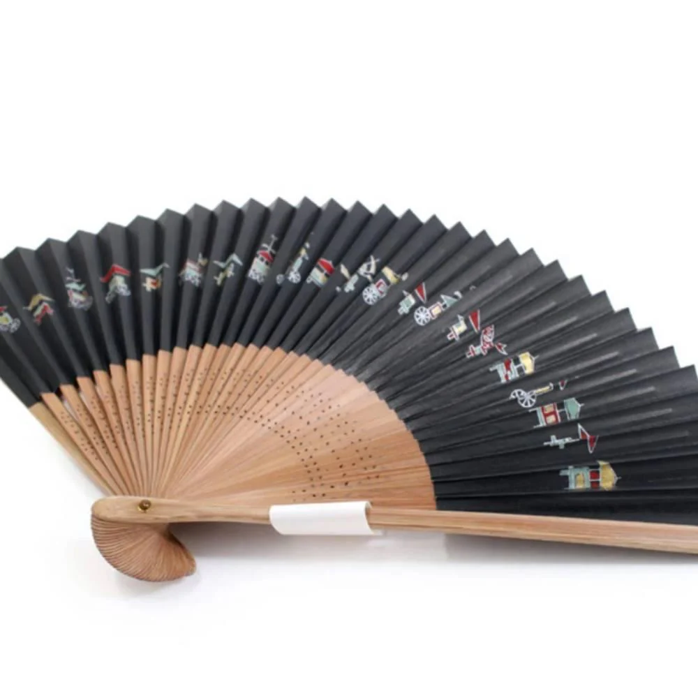 Yamani Festival Carts Design Black Sensu Handheld Folding Fan 21.5cm - Image 4